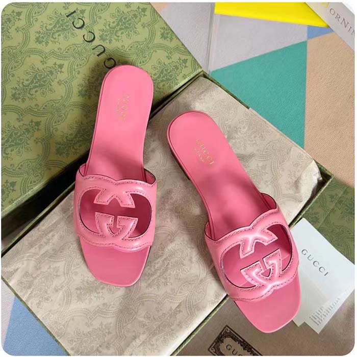 G*u*i women interlocking g cut out slide sandal dark pink leather flat