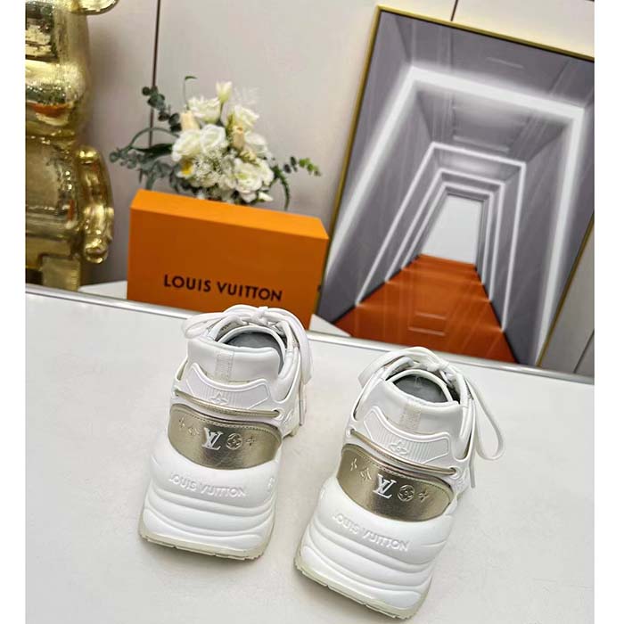 Louis Vuitton LV Unisex Run 55 Sneaker Beige Monogram Denim Lifted Rubber Outsole