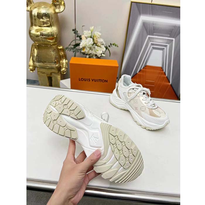 Louis Vuitton LV Unisex Run 55 Sneaker Beige Monogram Denim Lifted Rubber Outsole