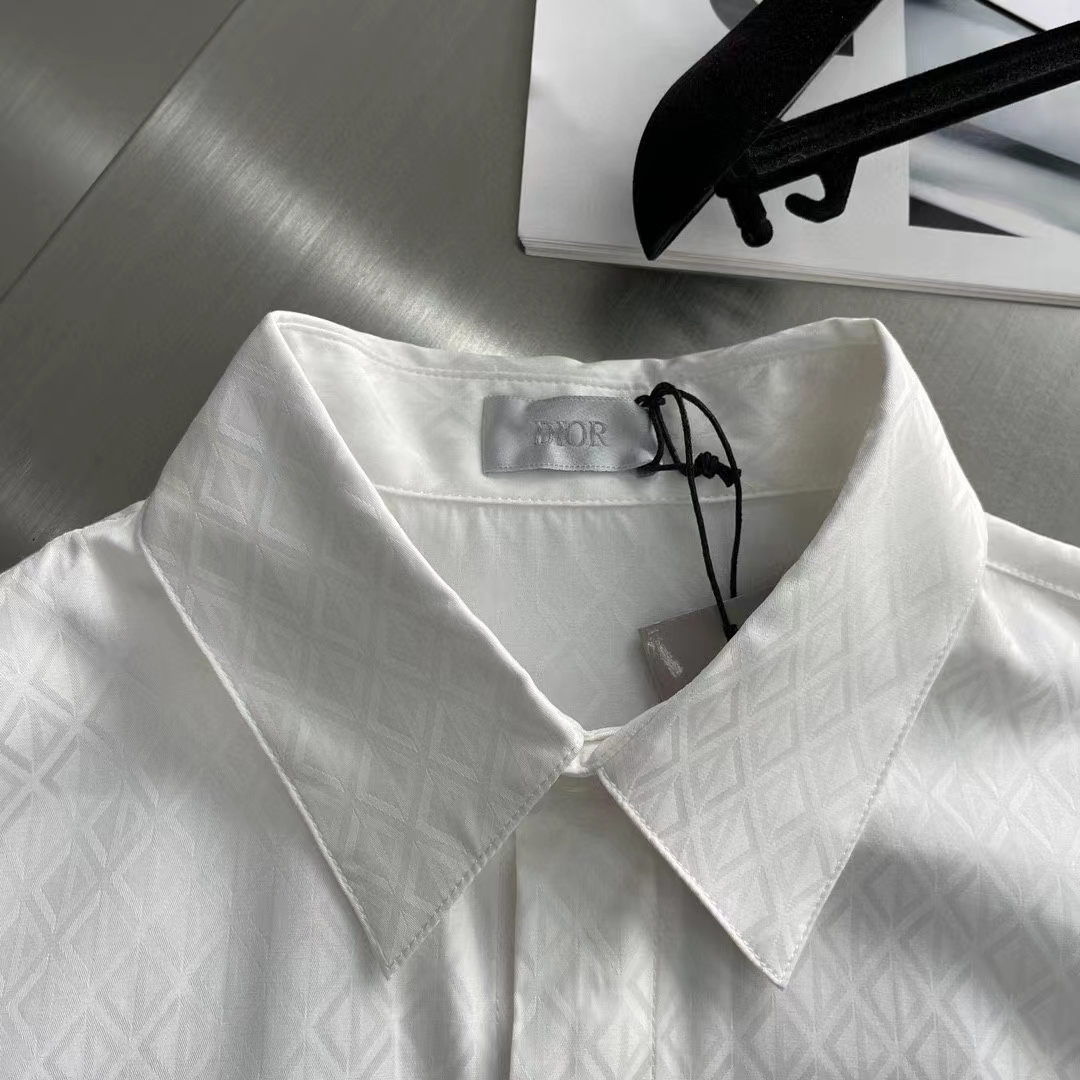 dior men cd Di*m*nd shirt white silk-blend jacquard all-over shirttail hem viscose silk