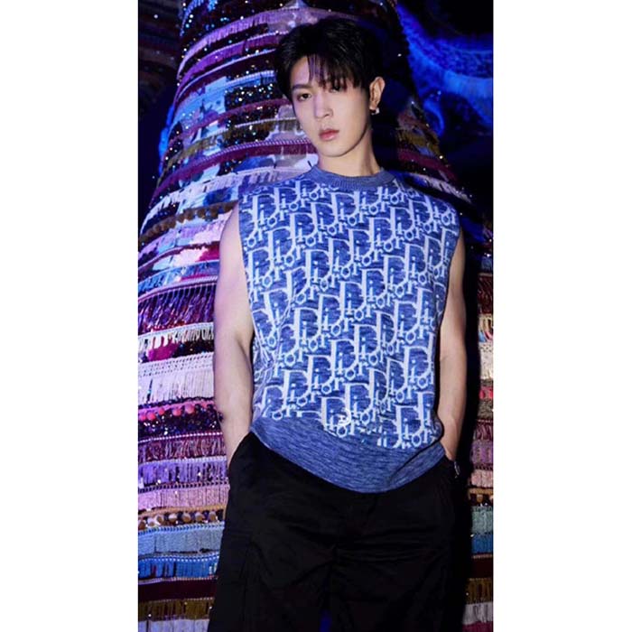 Dior Men CD Dior Oblique Sleeveless Sweater Blue Wool Jacquard Ribbed Round Neck Hem