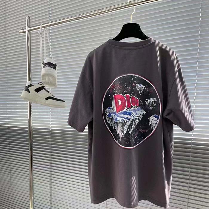 Dior Women CD Relaxed-Fit T-Shirt Gray Slub Cotton Jersey Ribbed Crew Neck