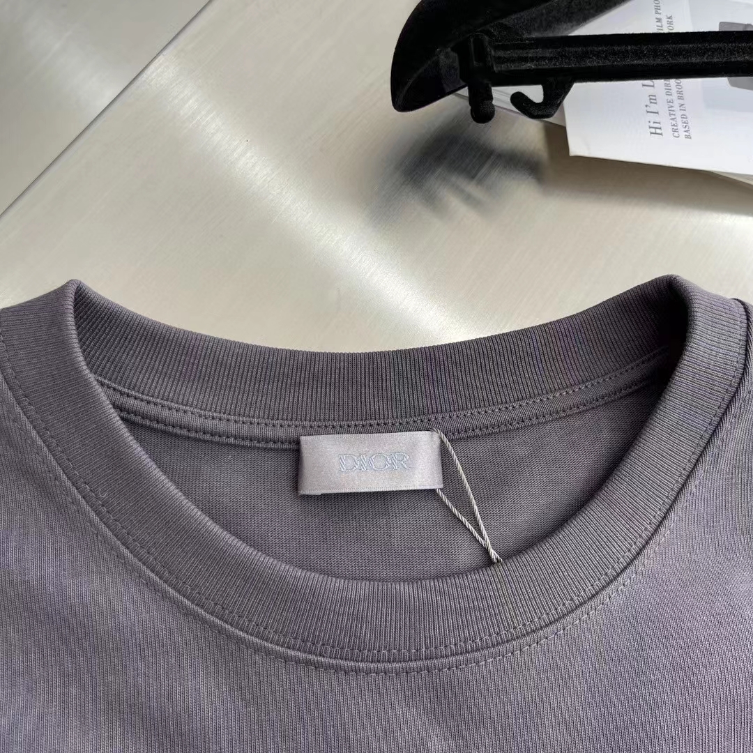 Dior Women CD Relaxed-Fit T-Shirt Gray Slub Cotton Jersey Ribbed Crew Neck