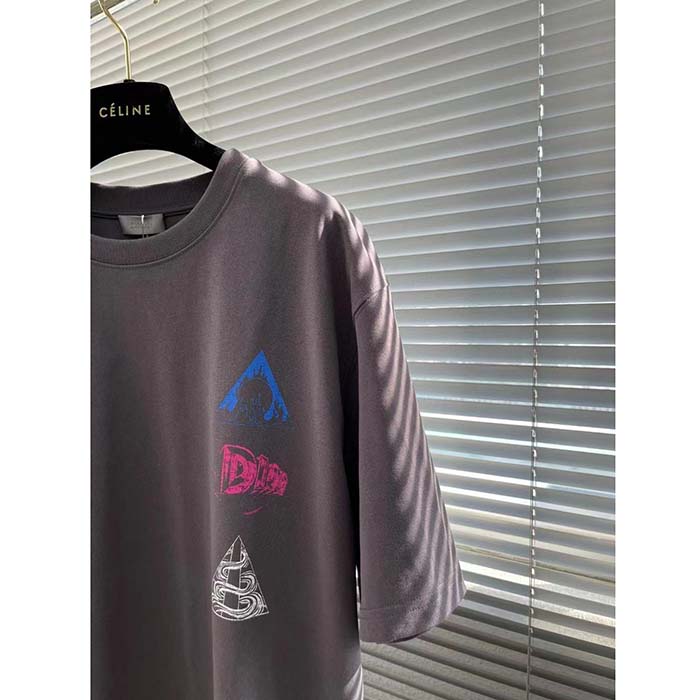 Dior Women CD Relaxed-Fit T-Shirt Gray Slub Cotton Jersey Ribbed Crew Neck