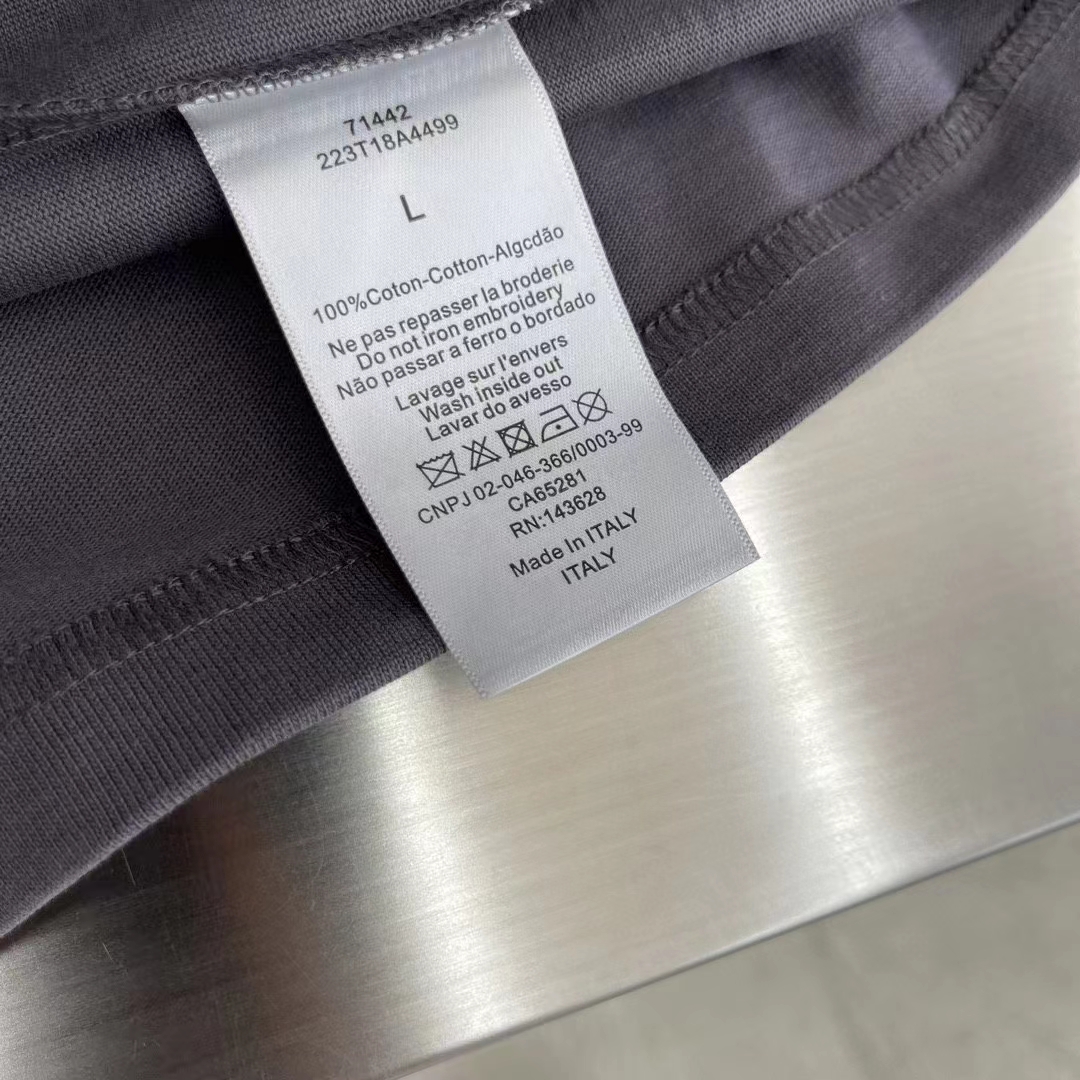 Dior Women CD Relaxed-Fit T-Shirt Gray Slub Cotton Jersey Ribbed Crew Neck