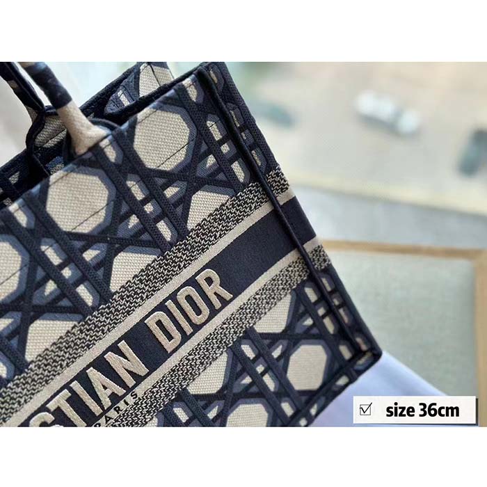 Dior Unisex CD Medium Dior Book Tote Beige Blue Macrocannage Embroidery
