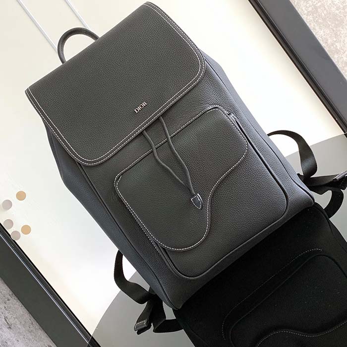 Dior Unisex CD Saddle Backpack Black Grained Calfskin Leather Top Handle
