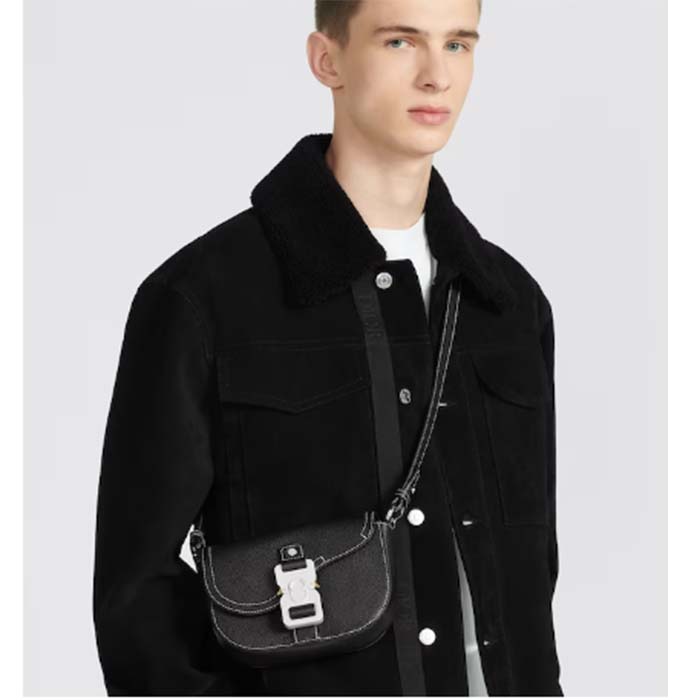 Dior Unisex CD Saddle Pouch Strap Black Grained Calfskin Embossed Dior Signature