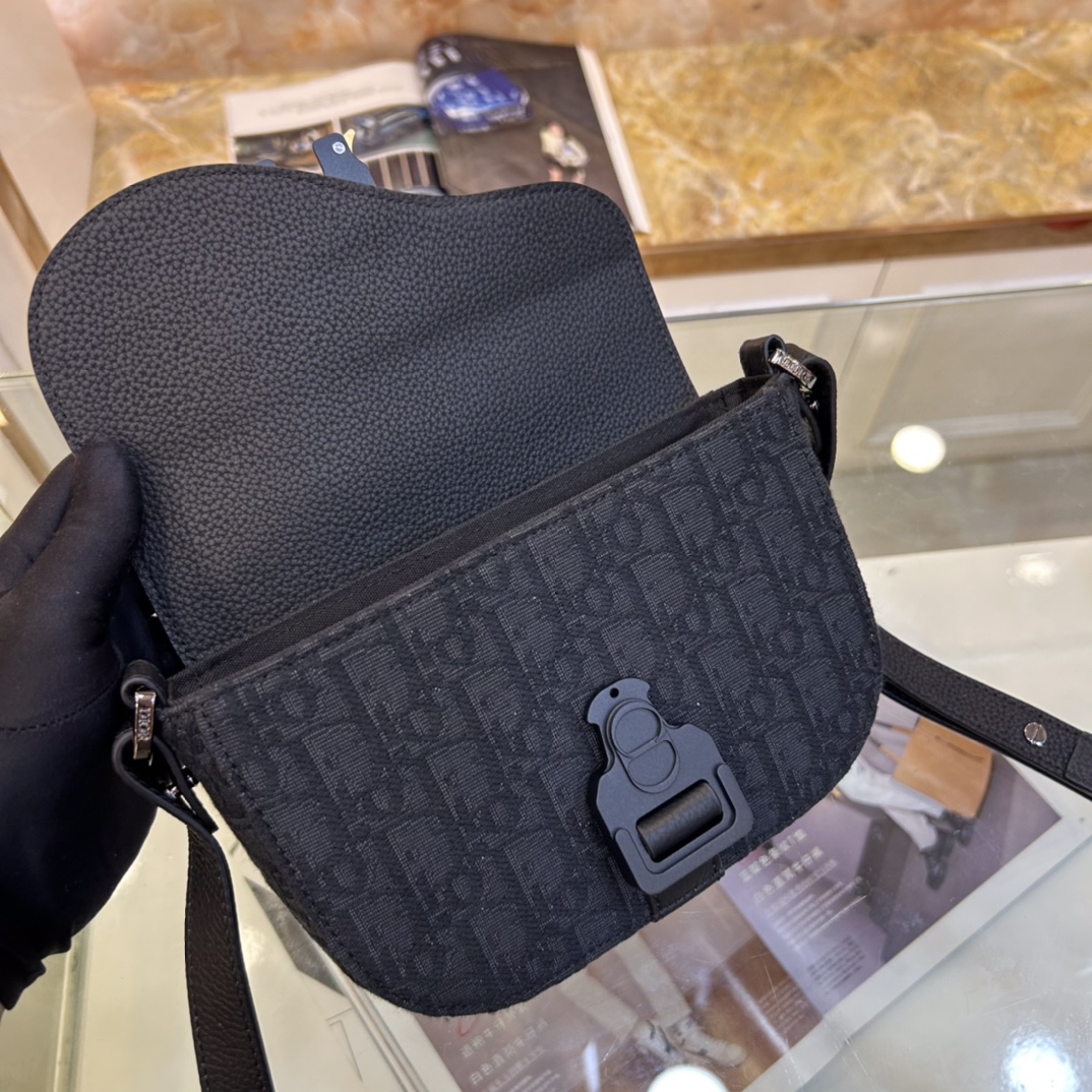 Dior Unisex CD Saddle Pouch Strap Black Grained Calfskin Embossed Dior Signature
