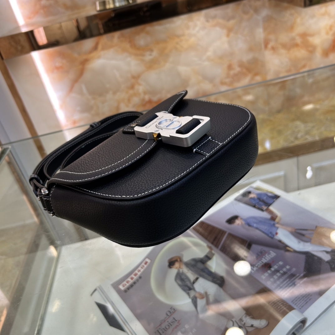 Dior Unisex CD Saddle Pouch Strap Black Grained Calfskin Embossed Dior Signature