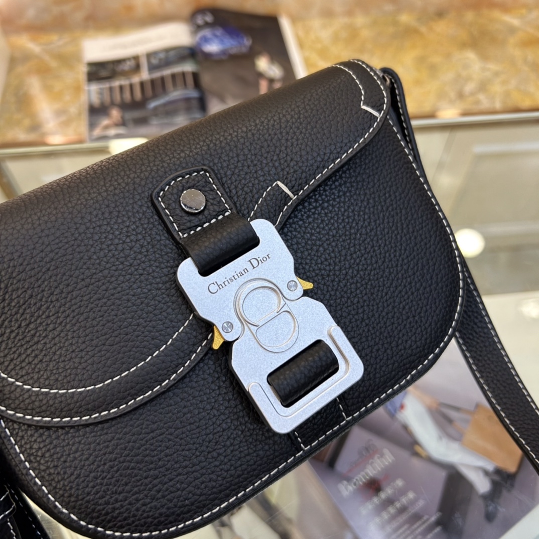 Dior Unisex CD Saddle Pouch Strap Black Grained Calfskin Embossed Dior Signature