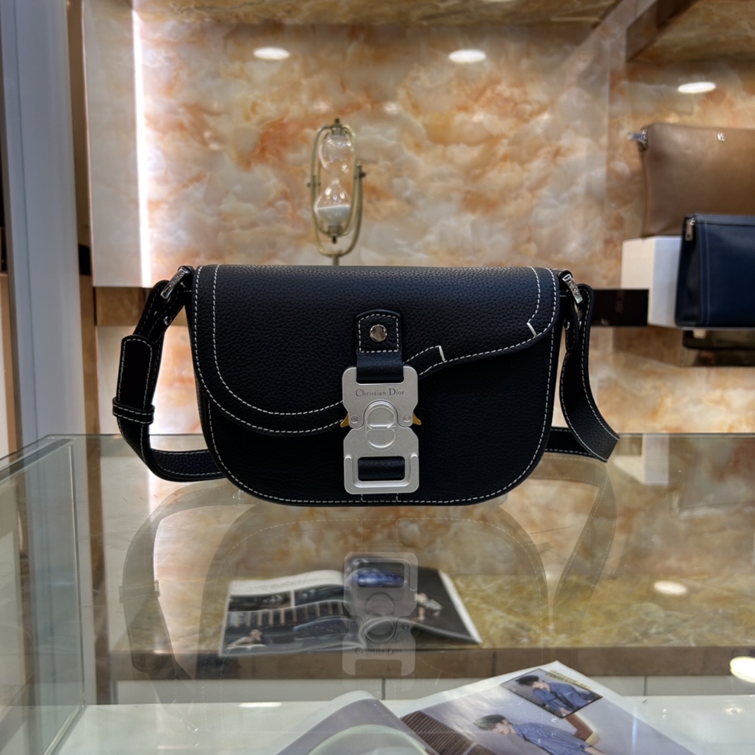 Dior Unisex CD Saddle Pouch Strap Black Grained Calfskin Embossed Dior Signature