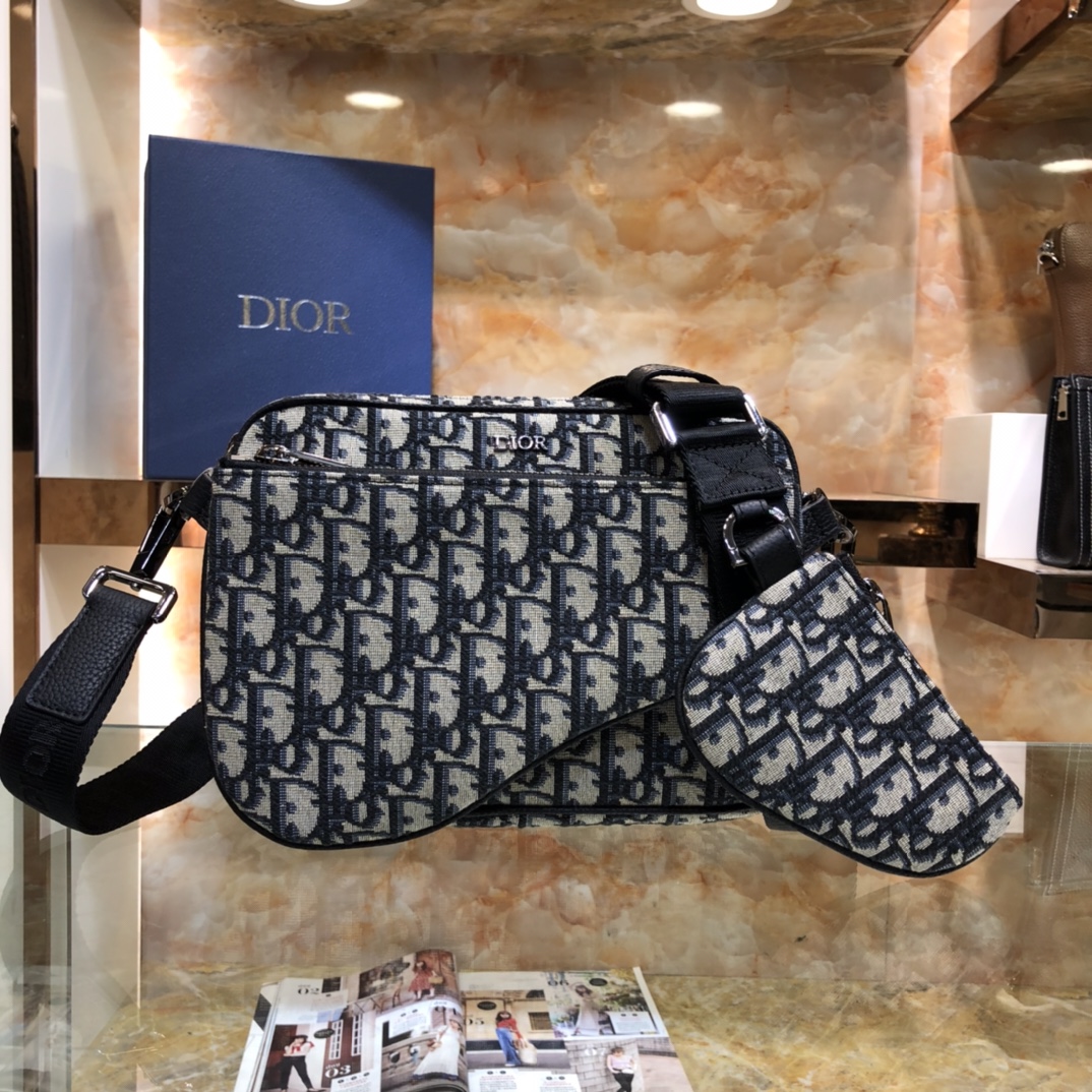 Dior Unisex CD Saddle Triple Pouch Beige Black Dior Oblique Jacquard