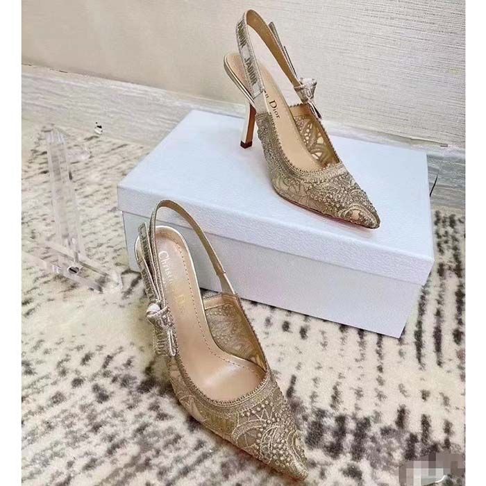 Dior Women CD J’Adior Slingback Pump Transparent Mesh Embroidered Gold-Tone D-Lace Macramé