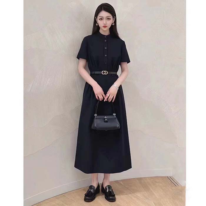 Dior Women CD Mid-Length Shirt Dress Gray Silk Tonal Belt Pleated Style Unlined