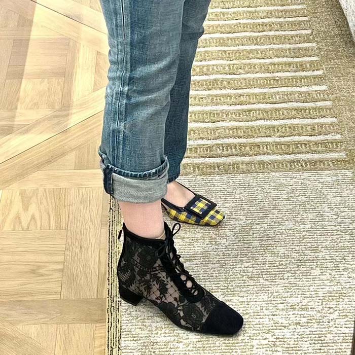 Dior Women CD Naughtily-D Ankle Boot Black Transparent Mesh Suede Embroidered Roses