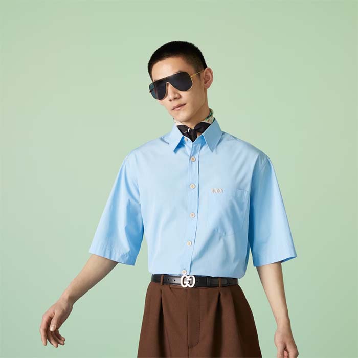 G*u*i men cotton poplin embroidery light blue piece dyed point collar detachable sleeves