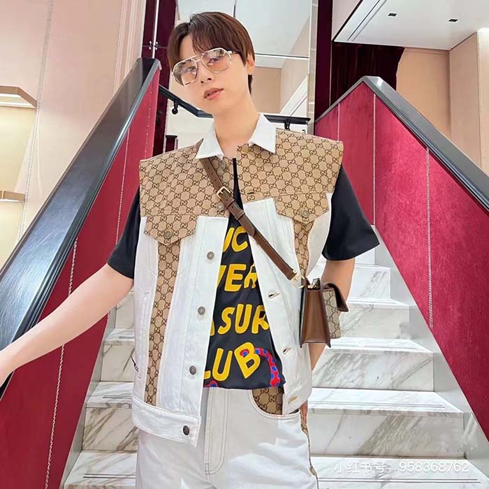 G*u*i men washed organic denim vest gg light blue stone bleached point collar sleeveless