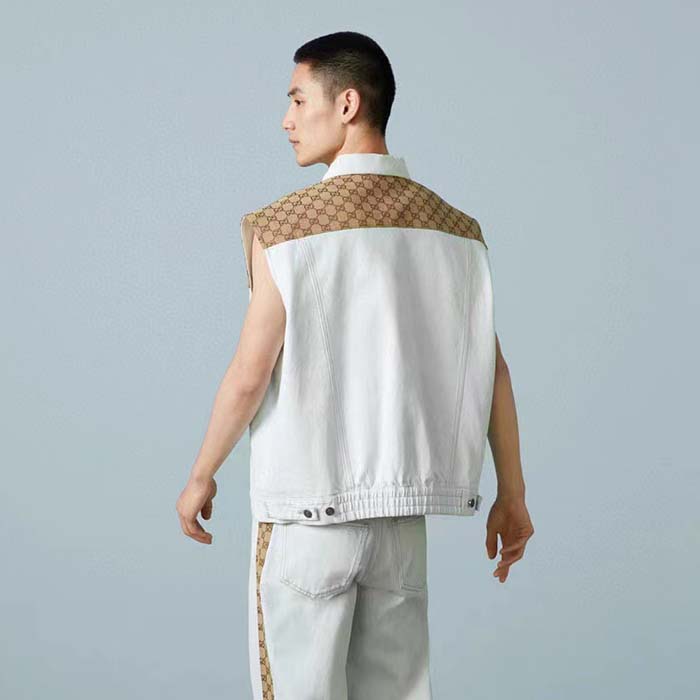 G*u*i men washed organic denim vest gg light blue stone bleached point collar sleeveless