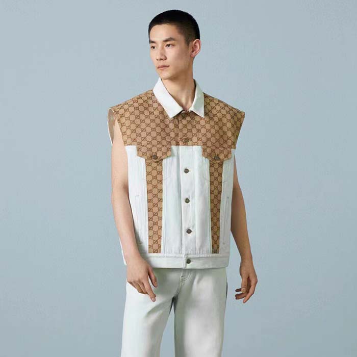 G*u*i men washed organic denim vest gg light blue stone bleached point collar sleeveless