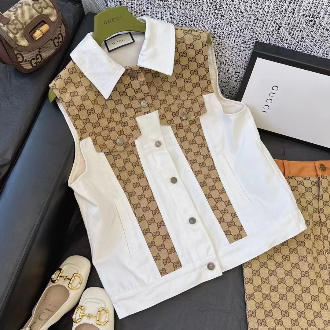 G*u*i women washed organic denim vest gg light blue stone bleached point collar sleeveless