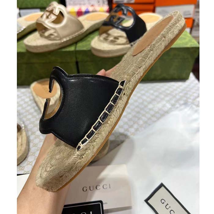 G*u*i unisex gg interlocking g cut-out slide sandal black leather low 3 cm heel