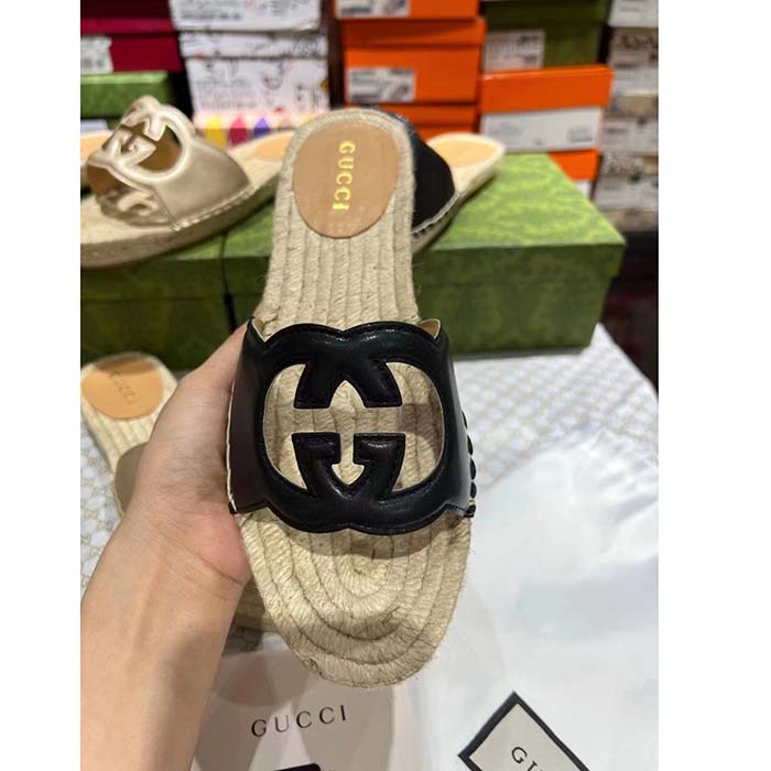 G*u*i unisex gg interlocking g cut-out slide sandal black leather low 3 cm heel
