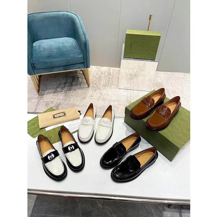 G*u*i unisex gg interlocking g loafer black white leather sole flat 1.5 cm heel
