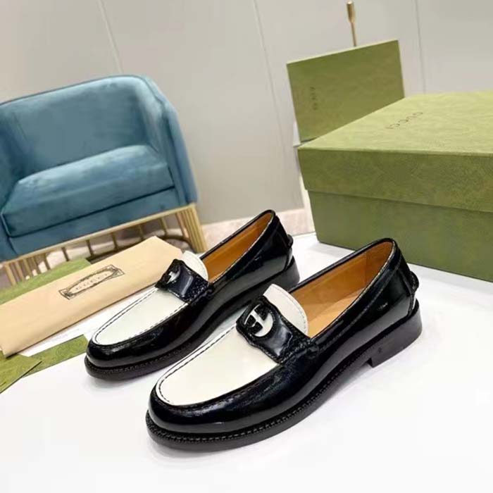 G*u*i unisex gg interlocking g loafer black white leather sole flat 1.5 cm heel