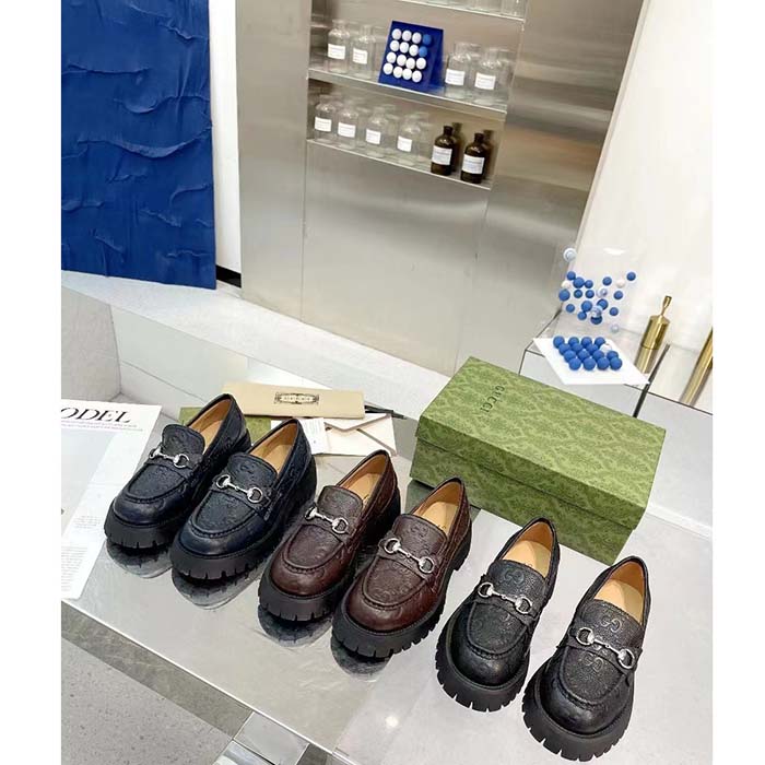 G*u*i unisex gg lug loafer black gg leather horsebit rubber sole 1.5 cm heel height