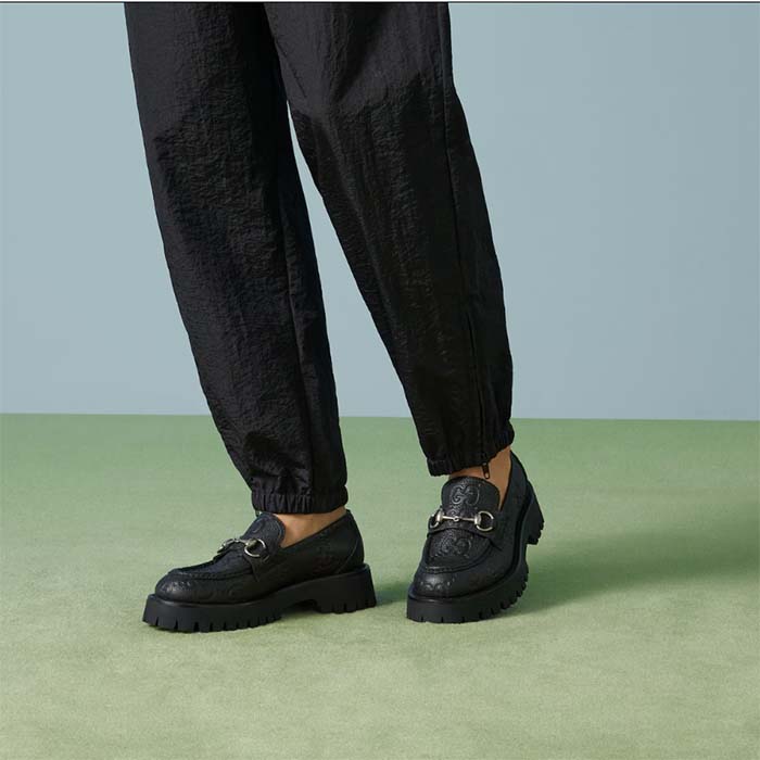 G*u*i unisex gg lug loafer black gg leather horsebit rubber sole 1.5 cm heel height