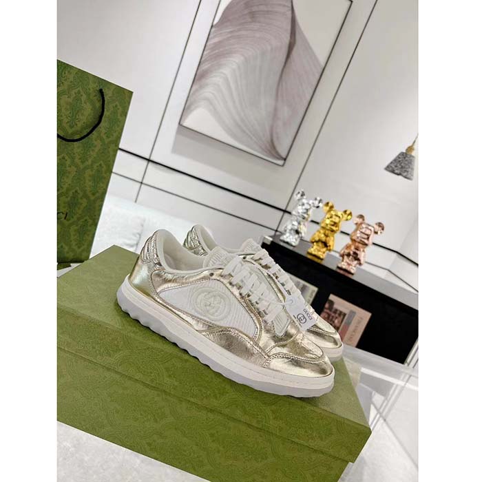 G*u*i unisex gg mac80 sneaker metallic gold leather interlocking g embroidery round toe rubber flat