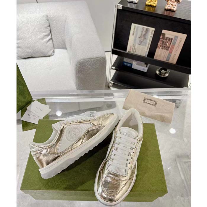 G*u*i unisex gg mac80 sneaker metallic gold leather interlocking g embroidery round toe rubber flat