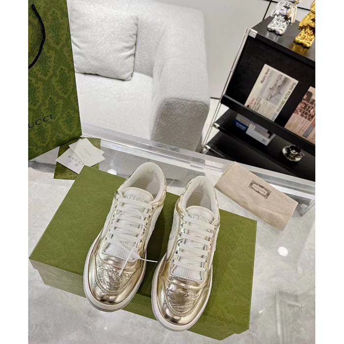 G*u*i unisex gg mac80 sneaker metallic gold leather interlocking g embroidery round toe rubber flat