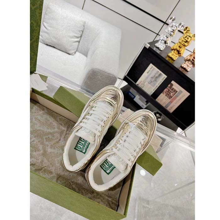 G*u*i unisex gg mac80 sneaker metallic gold leather interlocking g embroidery round toe rubber flat