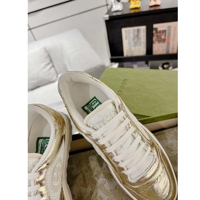 G*u*i unisex gg mac80 sneaker metallic gold leather interlocking g embroidery round toe rubber flat