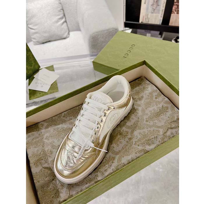 G*u*i unisex gg mac80 sneaker metallic gold leather interlocking g embroidery round toe rubber flat