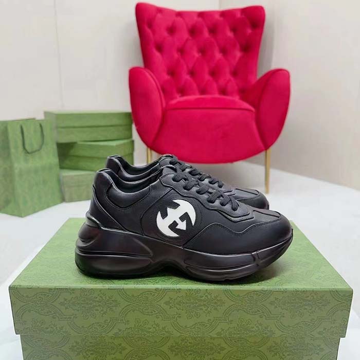 G*u*i unisex interlocking g rhyton sneakers black leather white cut-out rubber sole