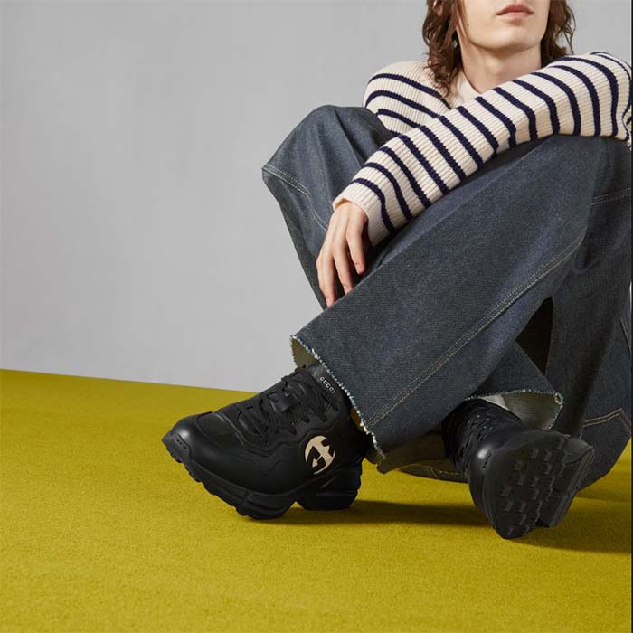 G*u*i unisex interlocking g rhyton sneakers black leather white cut-out rubber sole
