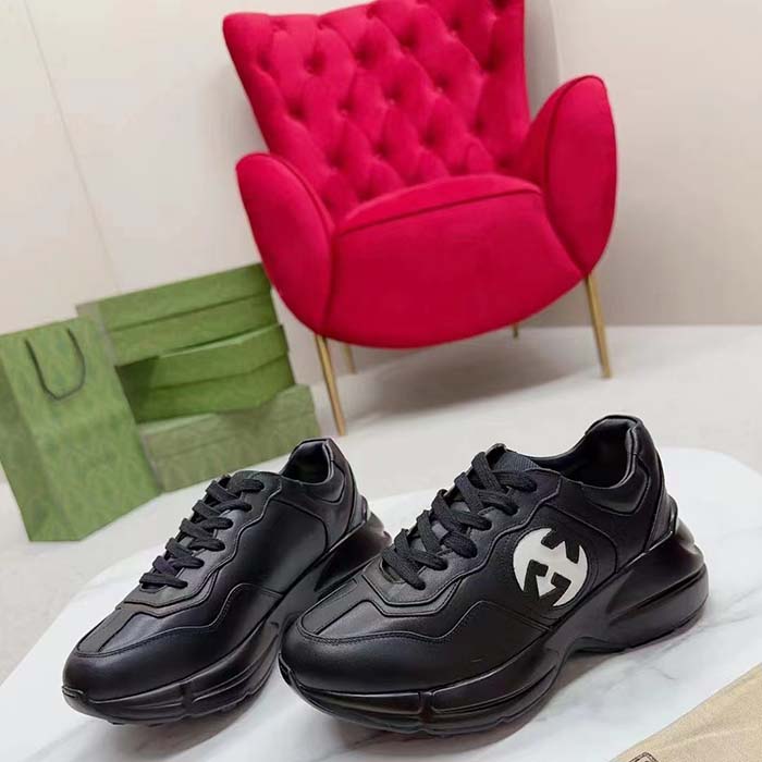 G*u*i unisex interlocking g rhyton sneakers black leather white cut-out rubber sole
