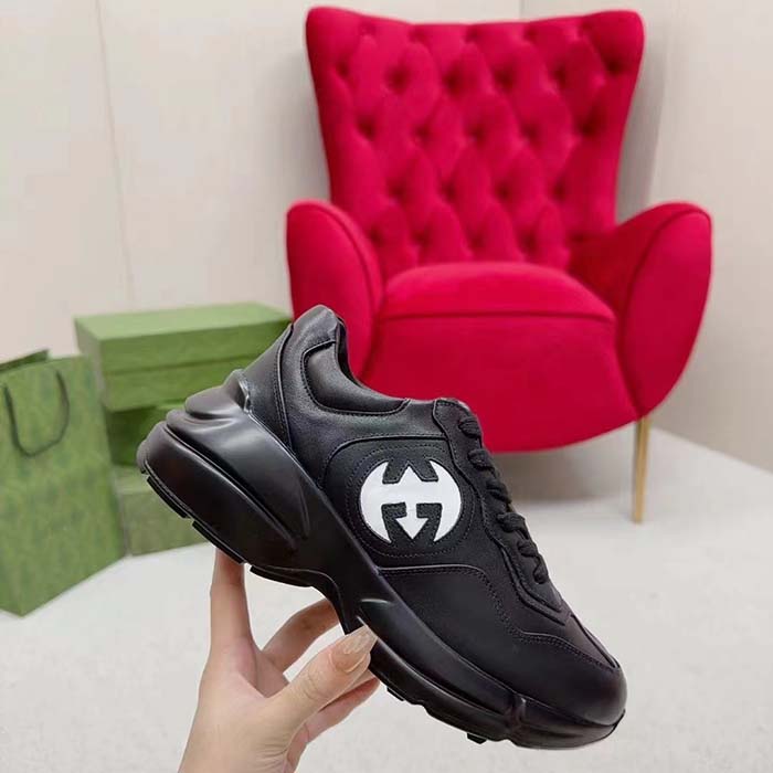 G*u*i unisex interlocking g rhyton sneakers black leather white cut-out rubber sole