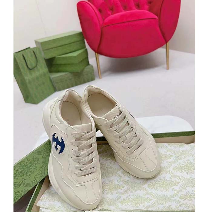 G*u*i unisex interlocking g rhyton sneakers ivory leather navy cut-out rubber sole