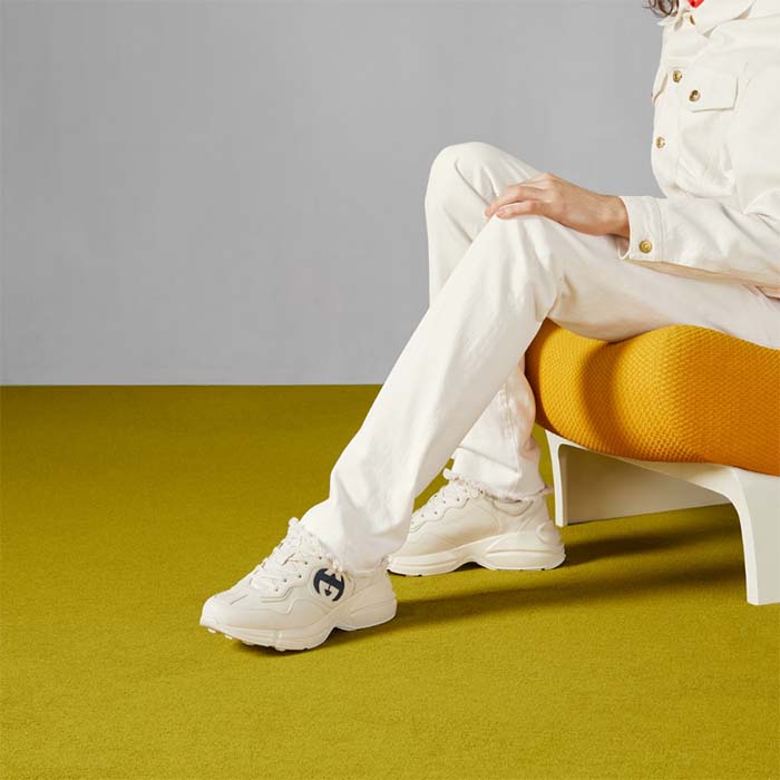 G*u*i unisex interlocking g rhyton sneakers ivory leather navy cut-out rubber sole