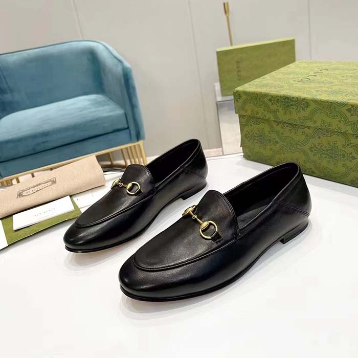 G*u*i unisex leather horsebit loafer black slim shape sole flat 1 cm heel