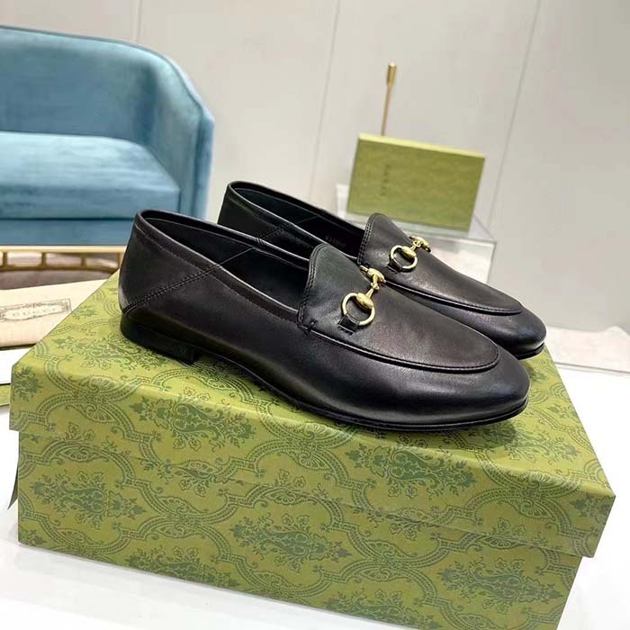 G*u*i unisex leather horsebit loafer black slim shape sole flat 1 cm heel