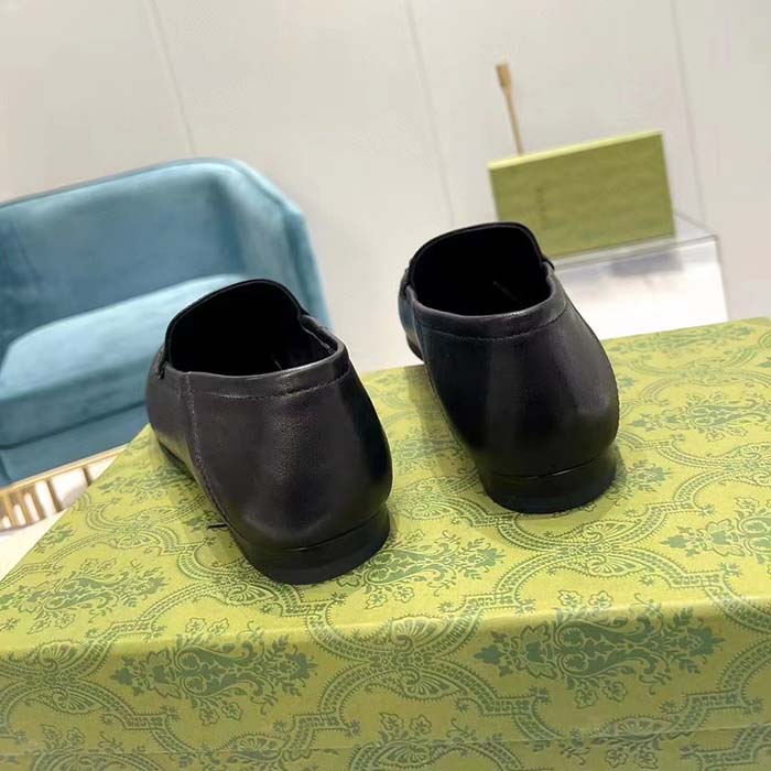 G*u*i unisex leather horsebit loafer black slim shape sole flat 1 cm heel