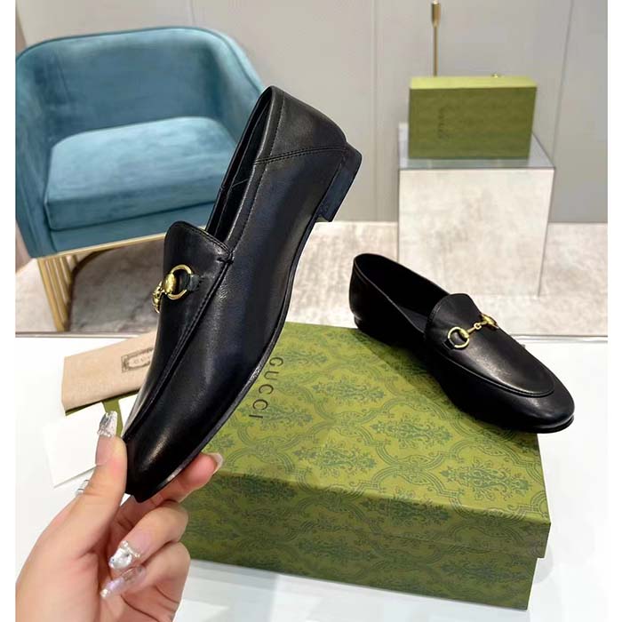G*u*i unisex leather horsebit loafer black slim shape sole flat 1 cm heel