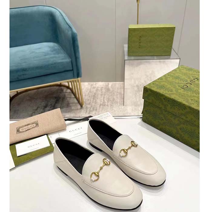 G*u*i unisex leather horsebit loafer white slim shape sole flat 1 cm heel
