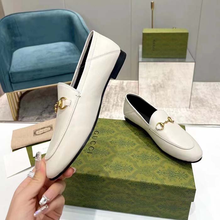 G*u*i unisex leather horsebit loafer white slim shape sole flat 1 cm heel