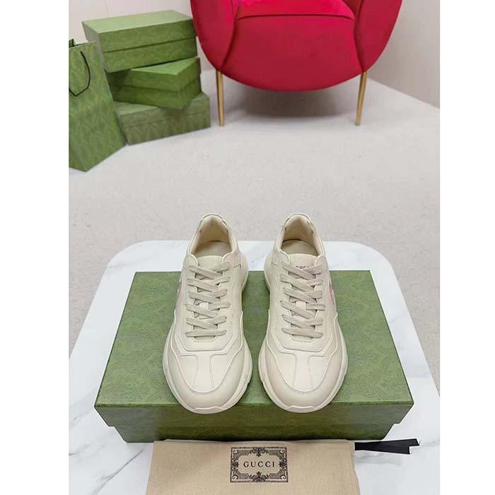 G*u*i unisex rhyton sneakers ivory leather pink interlocking g cut-out rubber sole